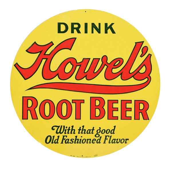 SINGLE-SIDED EMBOSSED TIN HOWELS ROOT BEER SIGN.