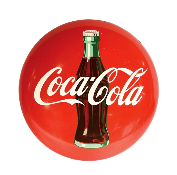PAINTED TIN COCA-COLA BOTTLE BUTTON SIGN.