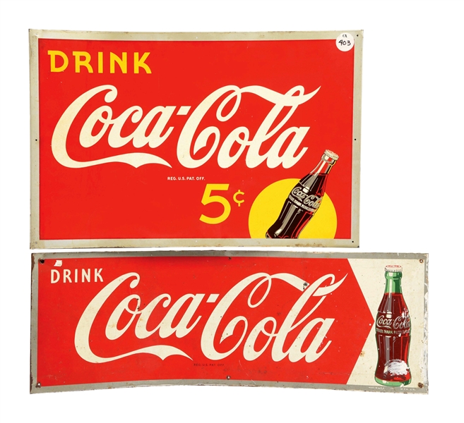 LOT OF 2: COCA-COLA PAINTED TIN SIGNS.