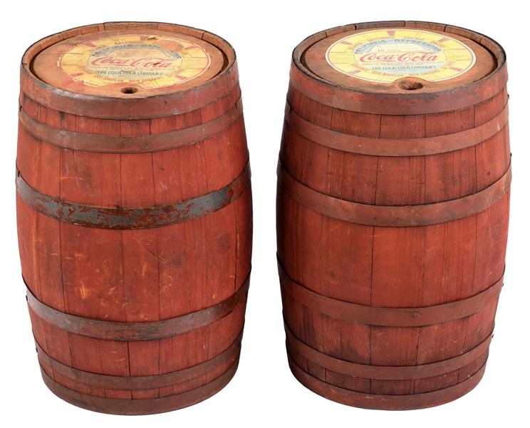 LOT OF 2: EARLY COCA-COLA WOOD BARRELS WITH ORIGINAL PAPER LABELS.