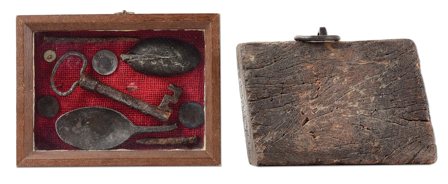 BOX WITH 9 PIECES FROM FORT TICONDEROGA AND FORT TICONDEROGA BARRICKS BEAM PIECE.