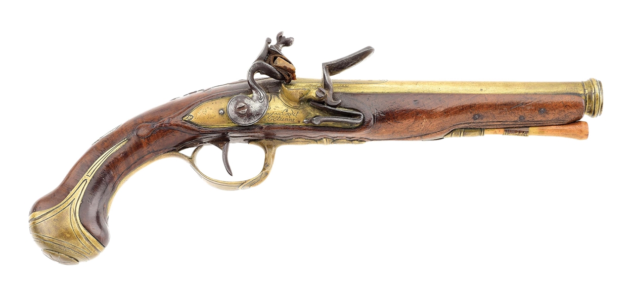 (A) FRENCH FLINTLOCK OFFICERS PISTOL WITH BRASS BARREL AND LOCK.