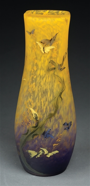 MULLER FRERES LUNEVILLE VASE WITH BUTTERFLIES.