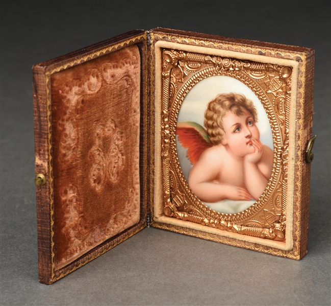 CASED ENAMEL ON IVORY PAINTING OF A CUPID.