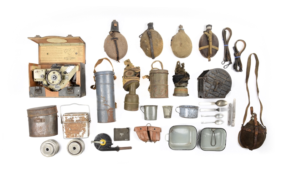 LARGE LOT OF MISCELLANEOUS GERMAN WWI AND WWII FIELD GEAR. 