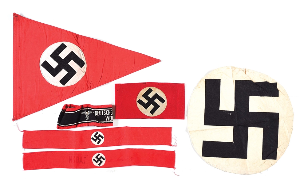 LOT OF 6: THIRD REICH PENNANTS, ARMBANDS, AND FLAGS