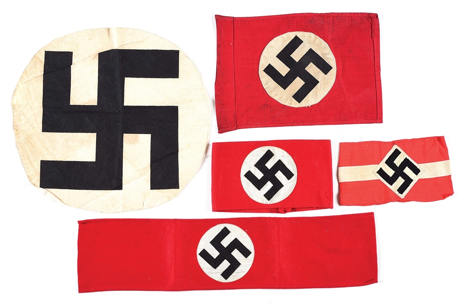 LOT OF 5: THIRD REICH FLAGS AND ARMBANDS.