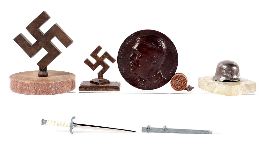 LOT OF 6: THIRD REICH DESK ORNAMENTS, MINIATURE DAGGER, AND RING.