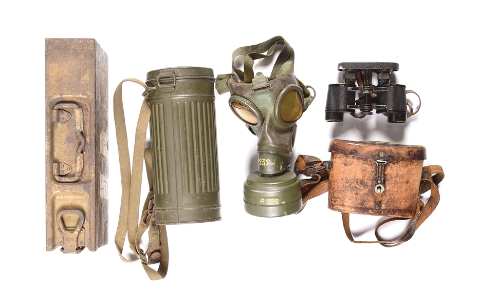 LOT OF 3: GERMAN WWII CAMOUFLAGE AMMO CAN, GAS MASK IN CAN, AND BINOCULARS.