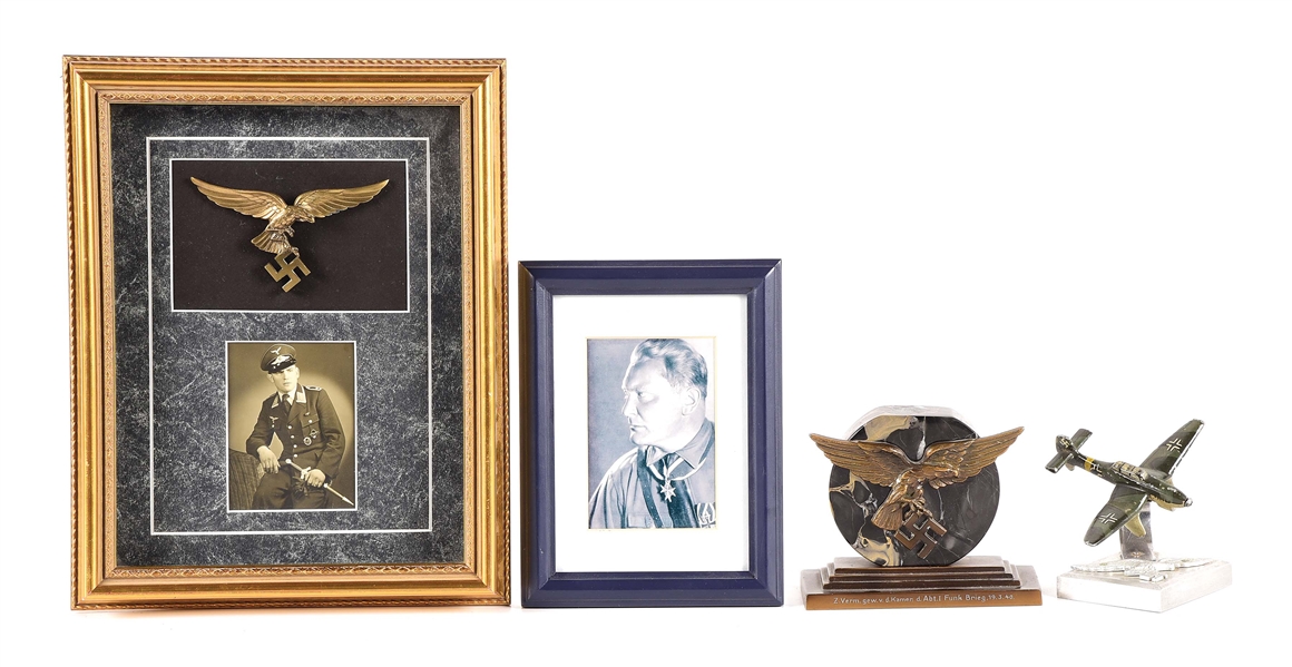 LOT OF 4: GERMAN WWII LUFTWAFFE DESK ORNAMENTS AND FRAMED PHOTOS.
