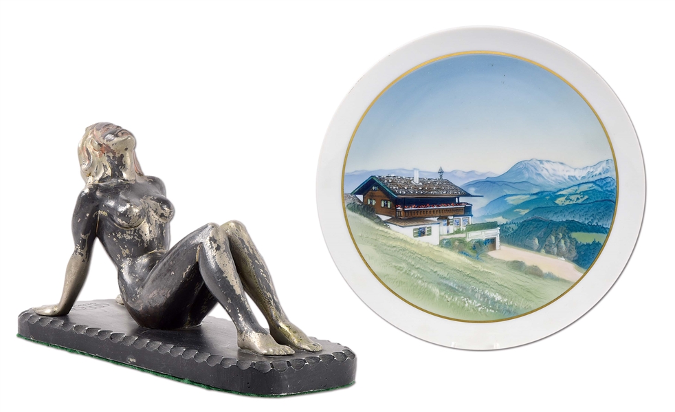LOT OF 2: THIRD REICH DESK ORNAMENT AND HAUS WACHENFLED “THE BERGHOF” PORCELAIN PLATE.