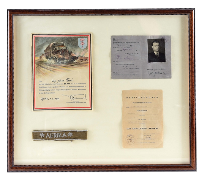 GERMAN WWII FRAMED AFRIKA CUFF TITLE WITH DOCUMENTS. 