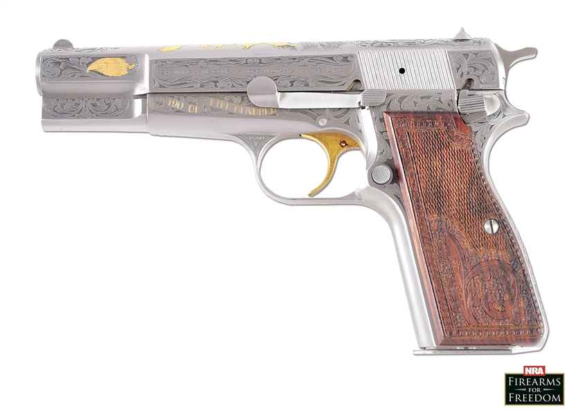 (M) FACTORY ENGRAVED BROWNING GOLD CLASSIC HI POWER SEMI AUTOMATIC PISTOL WITH PRESENTATION CASE.