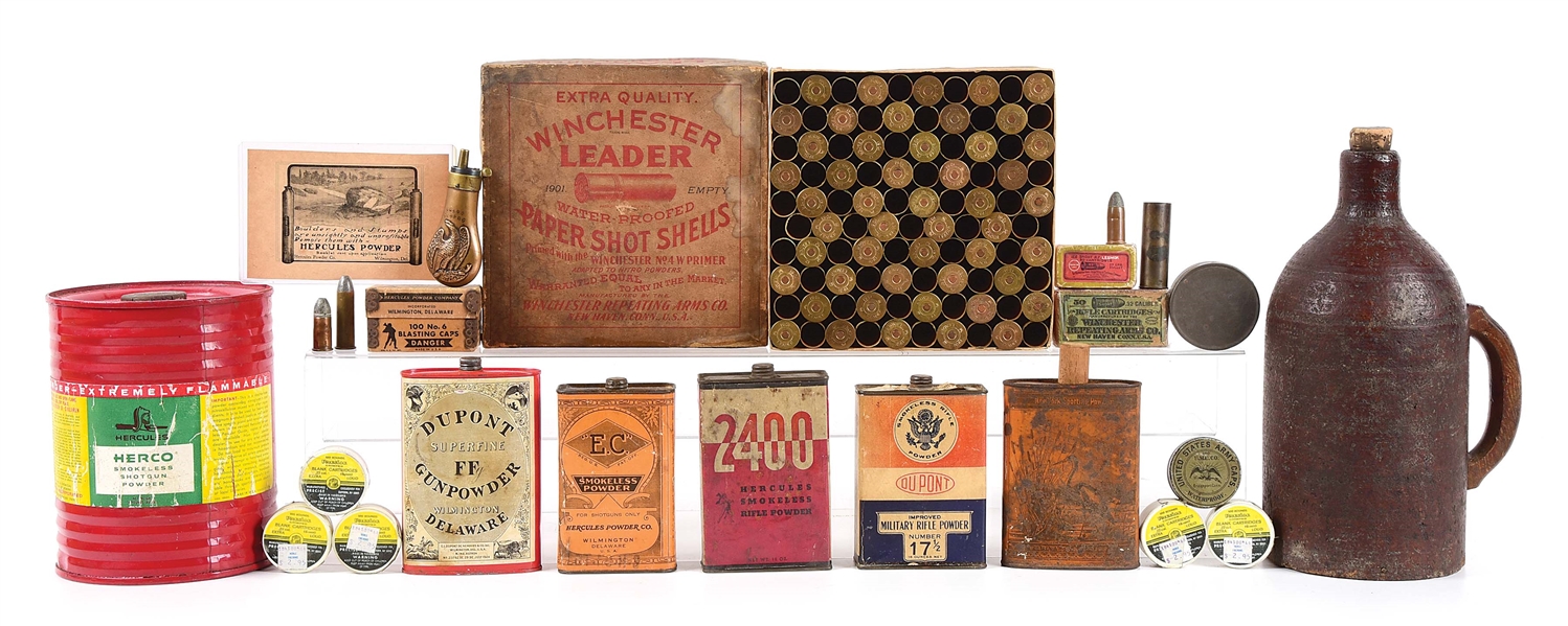 LOT OF VARIOUS GUN POWDER CONTAINERS AND TINS.