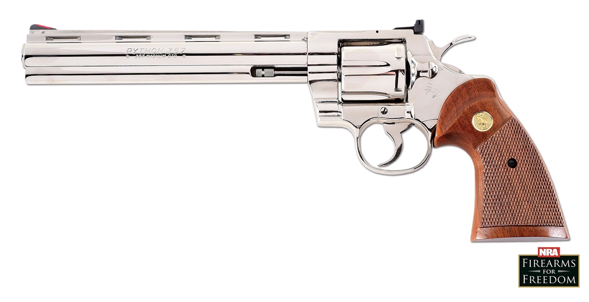 (M) NICKEL 8" COLT PYTHON WITH CASE AND BOX.