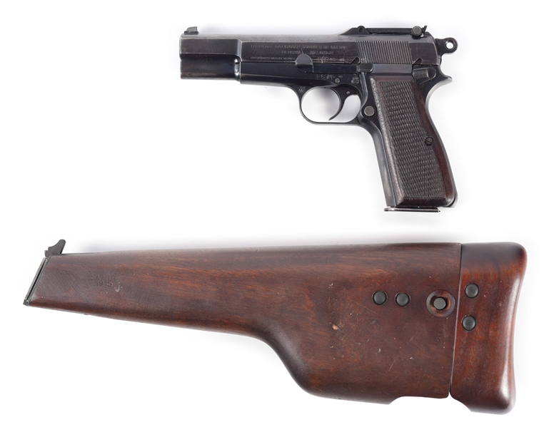 (C) PRE-WAR BELGIAN ARMY MARKED FABRIQUE NATIONALE HI-POWER SEMI-AUTOMATIC PISTOL WITH INGLIS PATTERN SHOULDER STOCK.