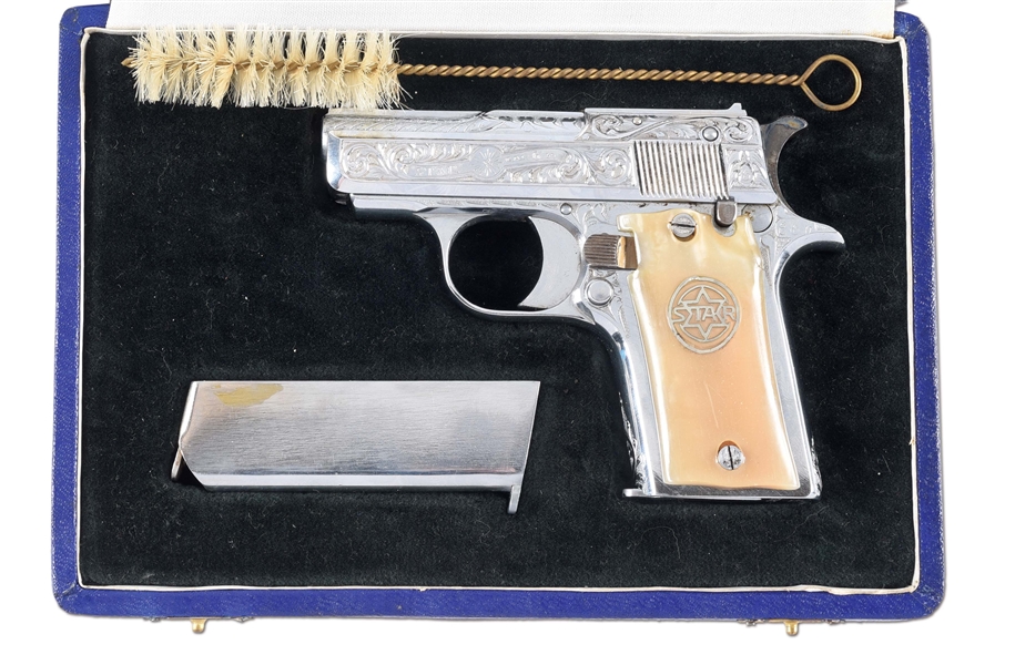 (C) ENGRAVED STAR MODEL COE SEMI-AUTOMATIC PISTOL WITH LEATHERETTE CASE.