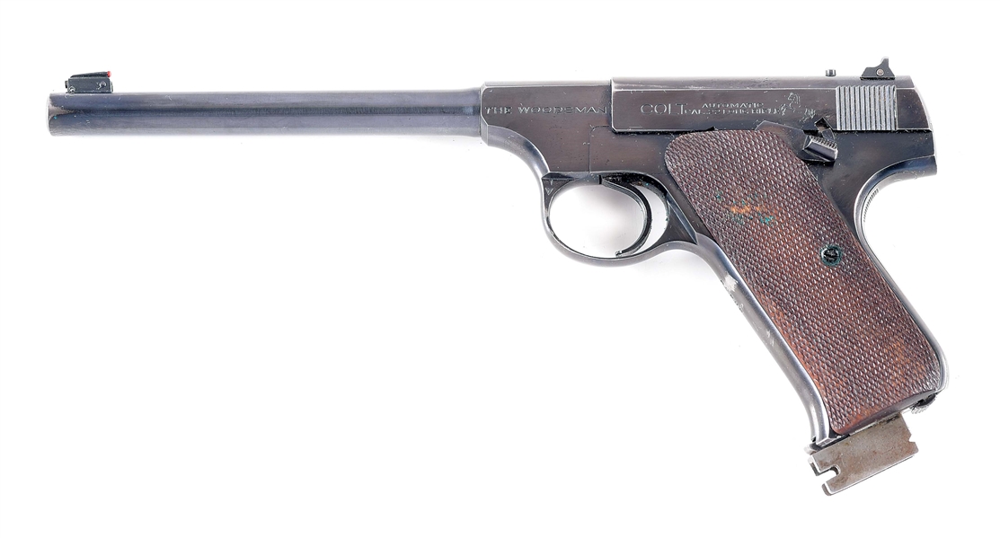 (C) PRE-WAR COLT WOODSMAN SEMI-AUTOMATIC PISTOL WITH STOCK AND HOLSTER.