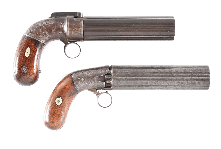 (A) LOT OF 2: AMERICAN DRAGOON SIZE PERCUSSION PEPPERBOX PISTOLS.