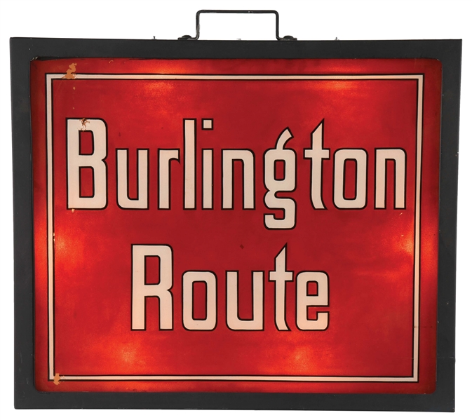 BURLINGTON ROUTE REVERSE PAINTED GLASS LIGHT UP SIGN MOUNTED ON METAL DISPLAY BOX. 
