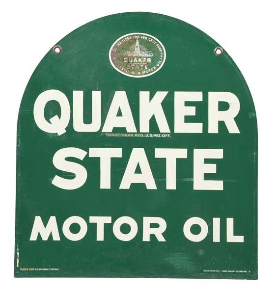 QUAKER STATE MOTOR OILS TIN TOMBSTONE SERVICE STATION SIGN.