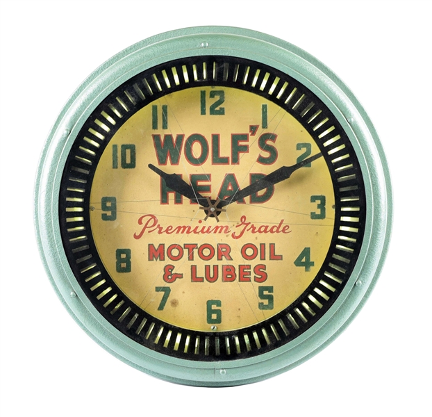 WOLFS HEAD MOTOR OIL SERVICE STATION NEON CLOCK.