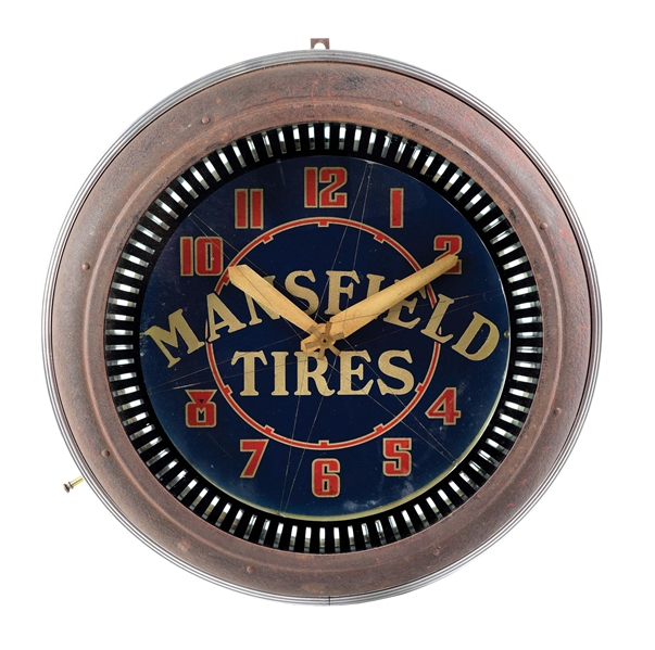 MANSFIELD TIRES NEON SERVICE STATION SPINNER CLOCK. 