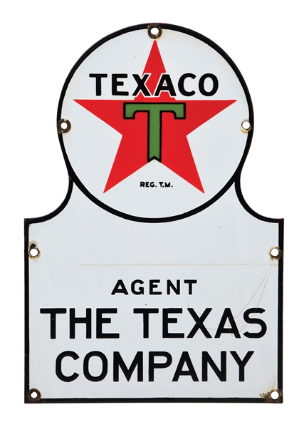 TEXACO AGENT FOR THE TEXAS COMPANY PORCELAIN KEYHOLE SIGN.