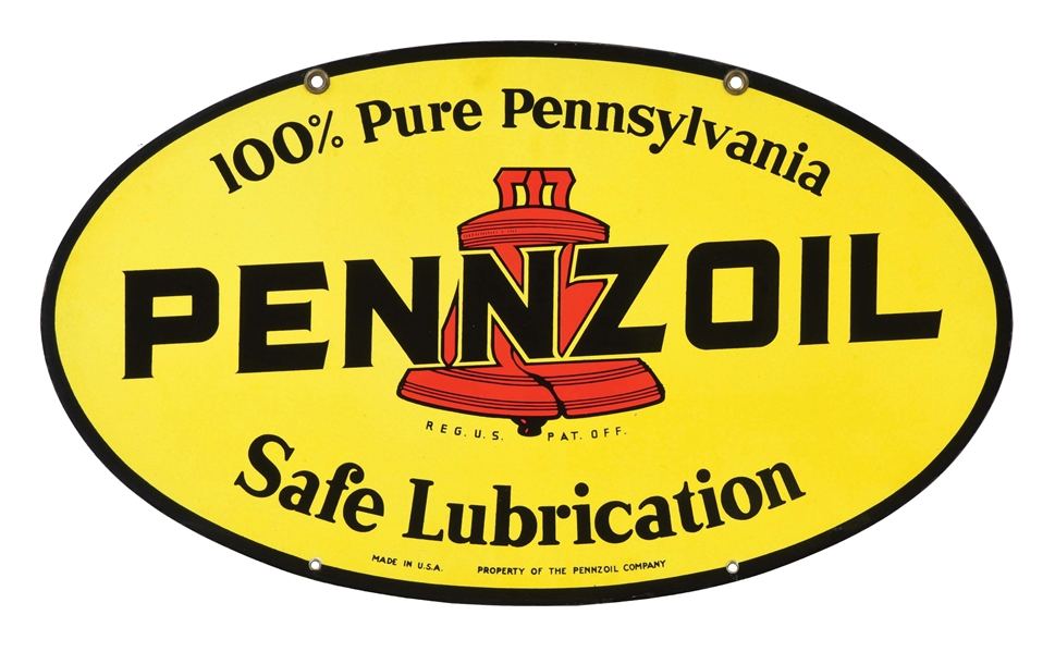 PENNZOIL SAFE LUBRICATION MOTOR OILS PORCELAIN SIGN W/ BELL GRAPHIC. 