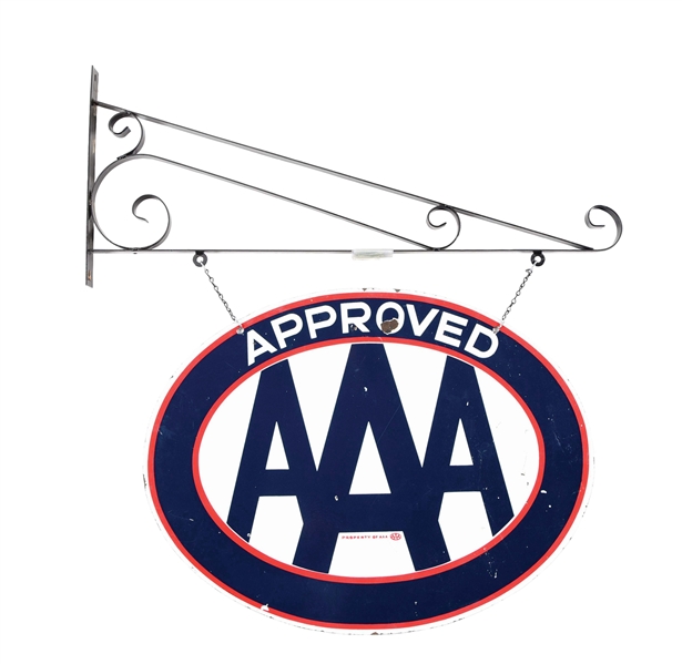 APPROVED AAA PORCELAIN SERVICE STATION SIGN W/ METAL HANGING BRACKET. 