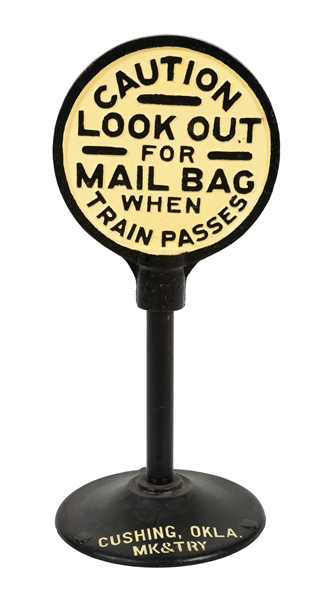 TWO-SIDED RAILROAD MAIL BAG CAUTION SIGN.