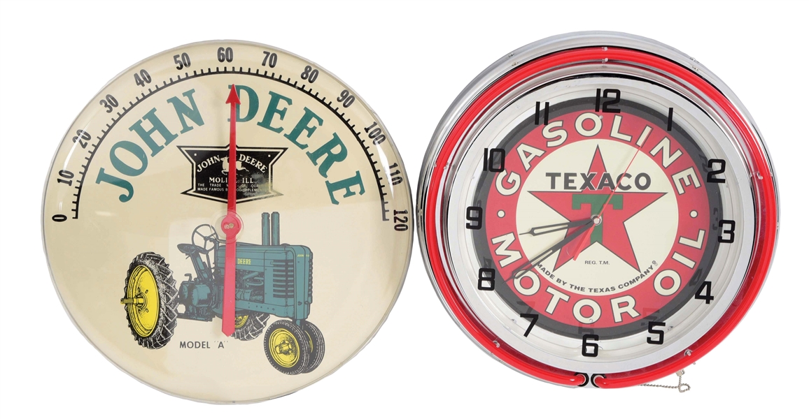 LOT OF 2: FANTASY JOHN DEERE THERMOMETER & TEXACO NEON CLOCK.