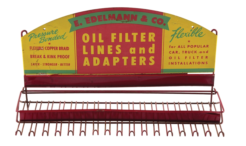 E. EDELMAN & CO. OIL FILTER LINES & ADAPTERS TIN SERVICE STATION DISPLAY RACK.