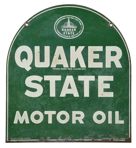 QUAKER STATE MOTOR OIL TIN TOMBSTONE SIGN.
