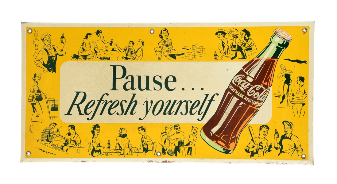 TIN OVER CARDBOARD "PAUSE... REFRESH YOURSELF" COCA-COLA SIGN.