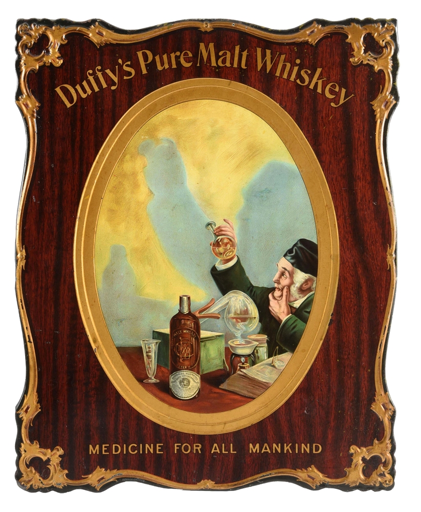 TIN OVER CARDBOARD DUFFYS PURE MALT WHISKEY LITHOGRAPH.