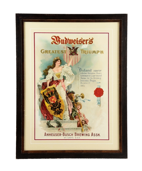 BEAUTIFULLY FRAMED AND MATTED BUDWEISERS GREATEST TRIUMPH PAPER PIECE. 