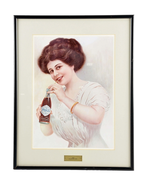FRAMED AND MATTED PAPER LITHOGRAPH WITH THE 1909 COCA-COLA CALENDAR GIRL.