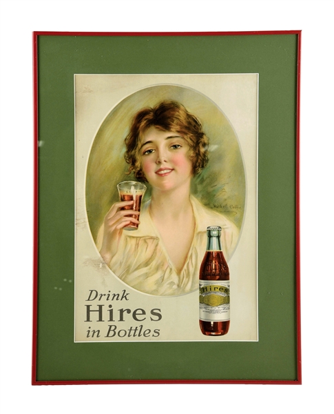 NICELY FRAMED AND MATTED "DRINK HIRES IN BOTTLES" PAPER LITHOGRAPH.
