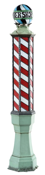 VERY RARE FLOOR MODEL BARBER POLE WITH STAINED GLASS PANELS.