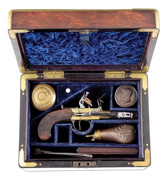 (A) FLINTLOCK DOUBLE BARREL PISTOL BY PATRICK WITH BAYONET AND CASE INSCRIBED TO CHARLES CALDECOT, ROYAL NAVY.