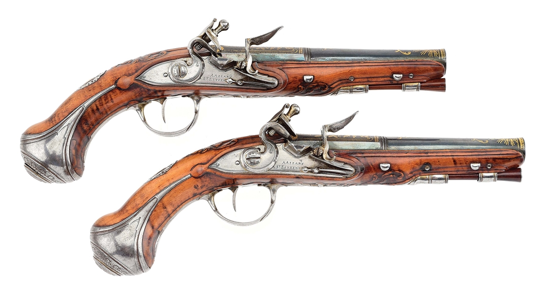 (A) EXTREMELY FINE PAIR OF FRENCH FLINTLOCK GREATCOAT PISTOLS, CIRCA 1750 BY ALLARY.