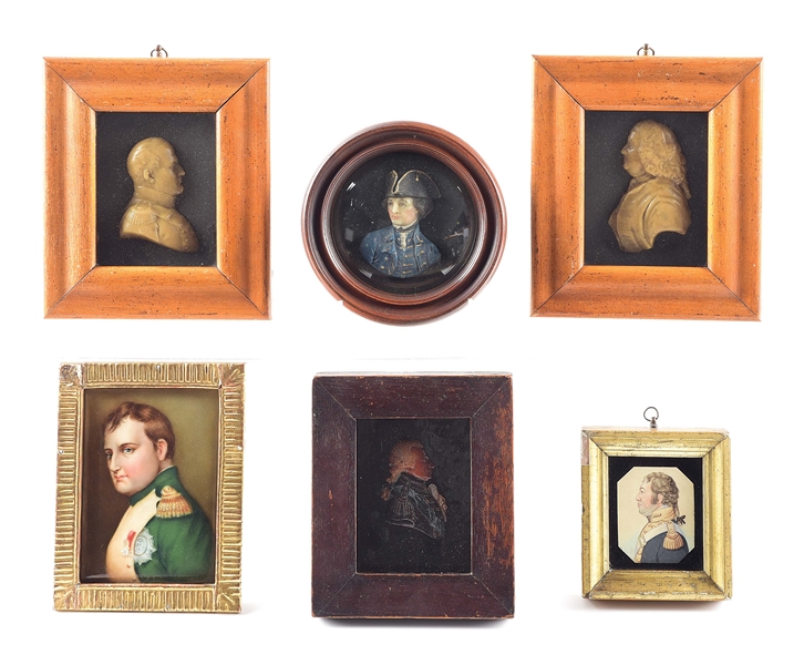 LOT OF 5: PORTRAIT MINIATURE, WAX BUSTS, AND PAINTING OF A BRITISH OFFICER.