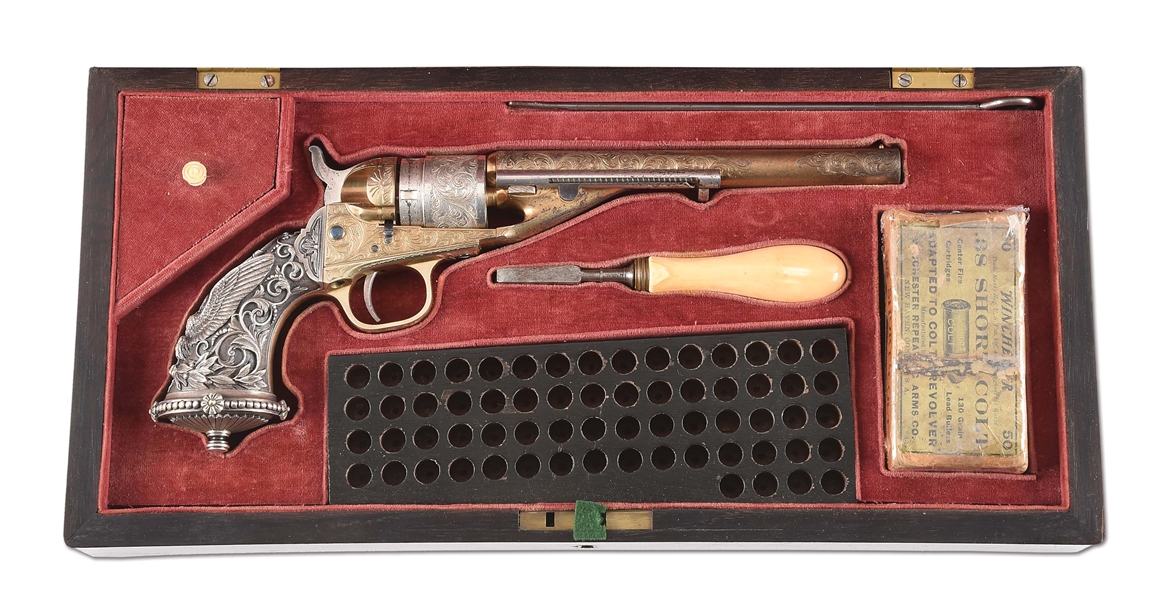 (A) RARE, COLT MODEL 1872 "IMPROVED POCKET POLICE" REVOLVER, HIGHLY EMBELLISHED WITH TIFFANY STYLE SILVER GRIPS, ATTRIBUTED TO L.D. NIMSCHKE, HOUSED IN DELUXE ROSEWOOD CASE WITH PRESENTATION