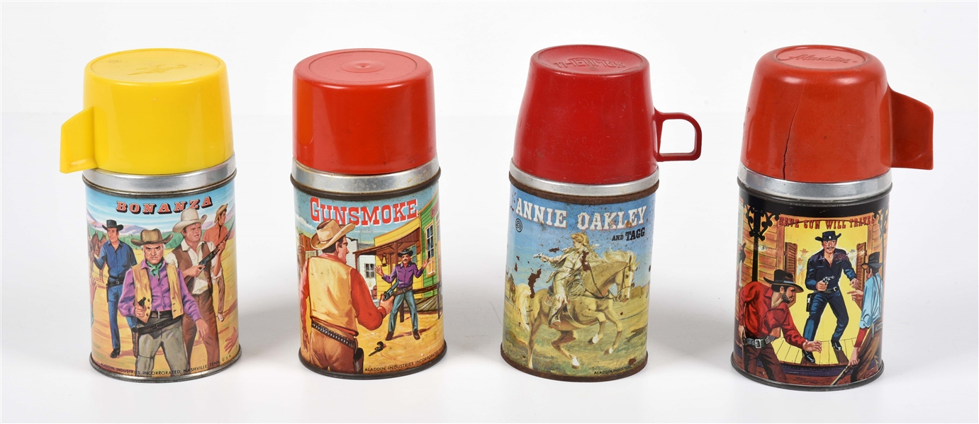 LOT OF 4: TIN LITHO WESTERN-THEMED THERMOSES. 