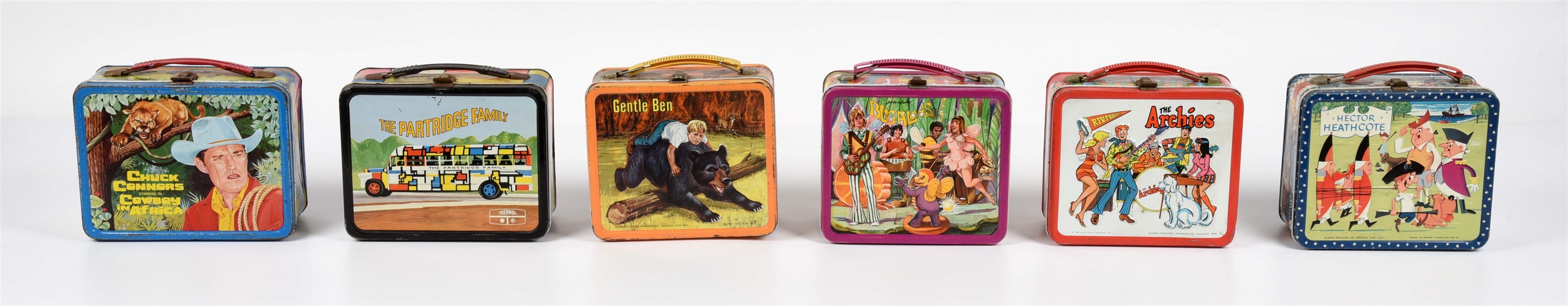 LOT OF 6: VARIOUS 1960S AND 1970S TIN LITHO LUNCHBOXES.