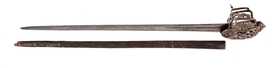 SCOTTISH BASKET HILT SWORD WITH LEATHER SCABBARD.