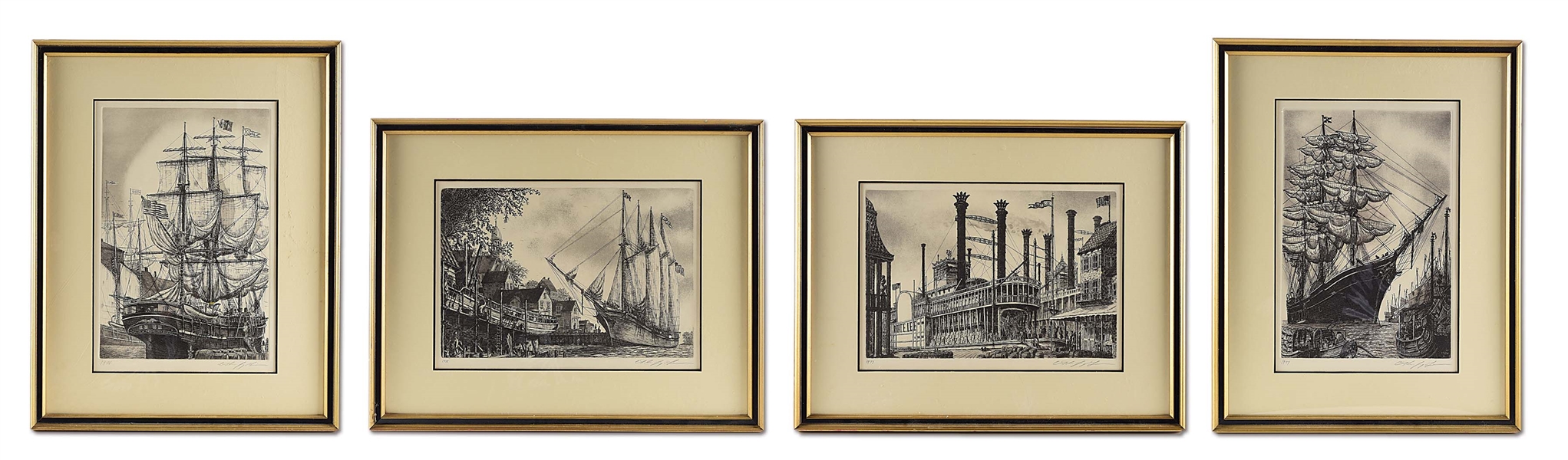 LOT OF 4: ALAN JAY GAINES "HISTORIC SHIPS OF AMERICA" ETCHINGS.