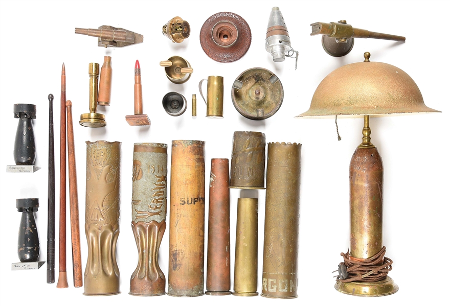 LARGE LOT OF US WWI AND WWII TRENCH ART AND SHELL CASINGS.