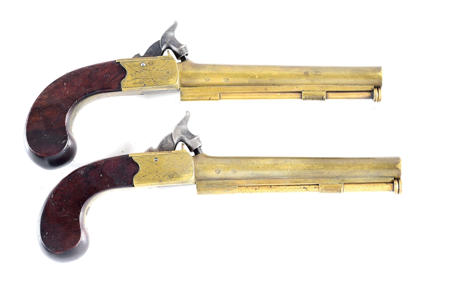(A) LOT OF 2: PAIR OF H. W. MORTIMER BAYONET PERCUSSION PISTOLS.
